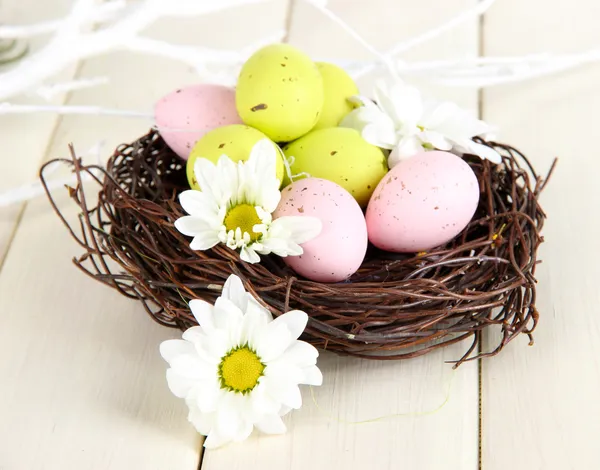 Пасхальные яйца в гнезде и цветы мимозы, на белом деревянном фоне — стоковое фото