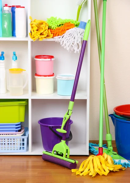 Schappen in pantry met reinigingsmiddelen voor thuis close-up — Stockfoto