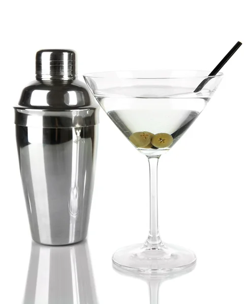 Vidro Martini com azeitonas isoladas no whit — Fotografia de Stock