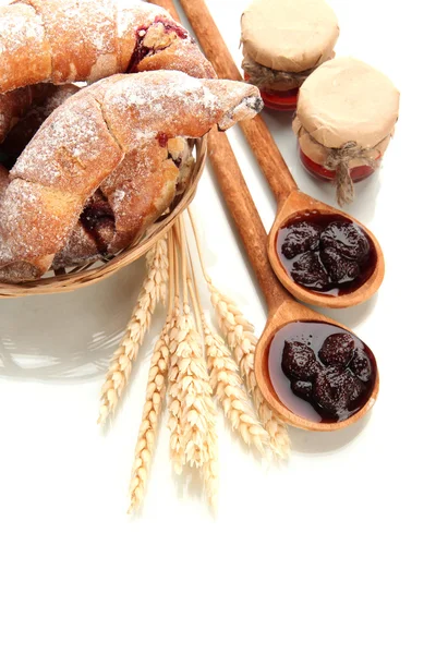 Taste croissants in basket and jam isolated on whit — Stock Photo, Image