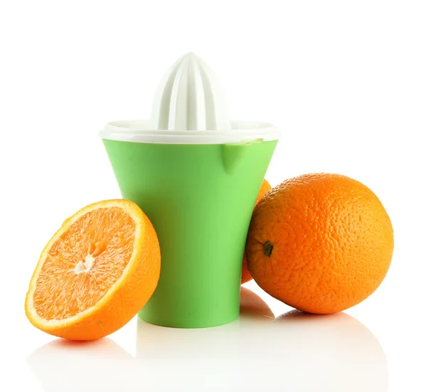 Citrus press and ripe oranges, isolated on white — Stock Photo, Image