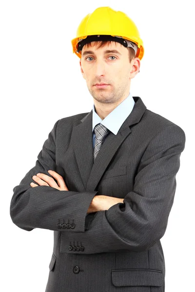 Молодой бизнесмен в шлеме изолирован от Уайта — стоковое фото