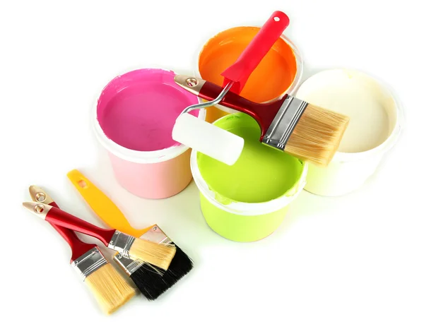 Set for painting: paint pots, brushes, paint-roller isolated on white — Stock Photo, Image