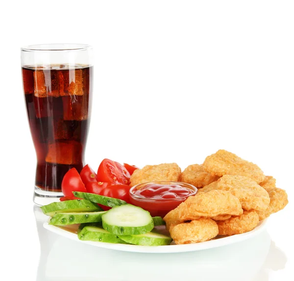 Fried chicken nuggets with vegetables,cola and sauce isolated on white — Stock Photo, Image