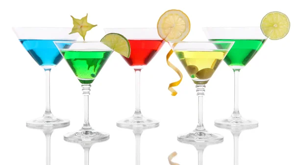 Alcoholic cocktails in martini glasses isolated on white — Stock Photo, Image