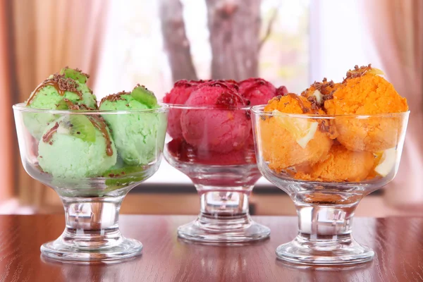 Delicious ice cream on table in room — Stock Photo, Image