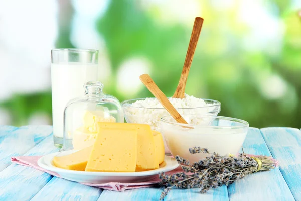 Copo de leite e queijo em fundo natural — Fotografia de Stock
