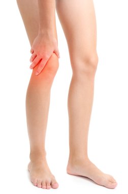 ağrıyan bacak, beyaz izole tutan kadın