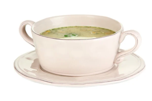 Soupe nourrissante aux légumes dans une casserole isolée sur blanc — Photo