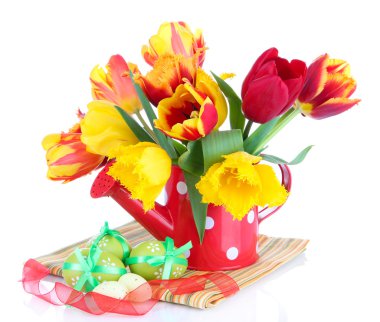 taze laleler ve üzerinde beyaz izole Paskalya yumurta Paskalya kompozisyonu