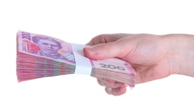 Ukraynalı para elinde, üzerinde beyaz izole