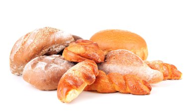 ekmek ve rulolar, üzerinde beyaz izole kompozisyonu