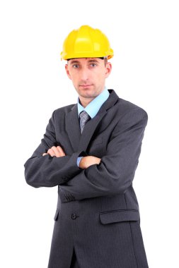 whit üzerinde izole kask içinde genç işadamı