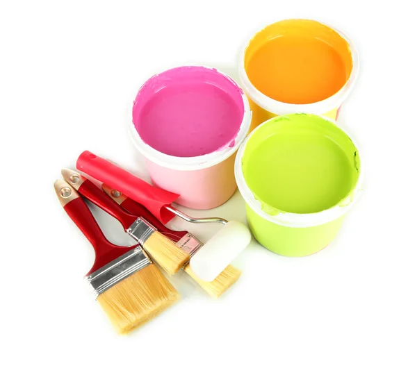 Set for painting: paint pots, brushes, paint-roller isolated on white — Stock Photo, Image