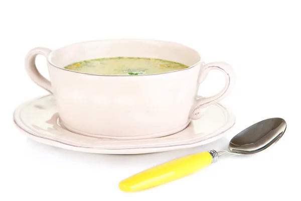 Soupe nourrissante aux légumes dans une casserole isolée sur blanc — Photo