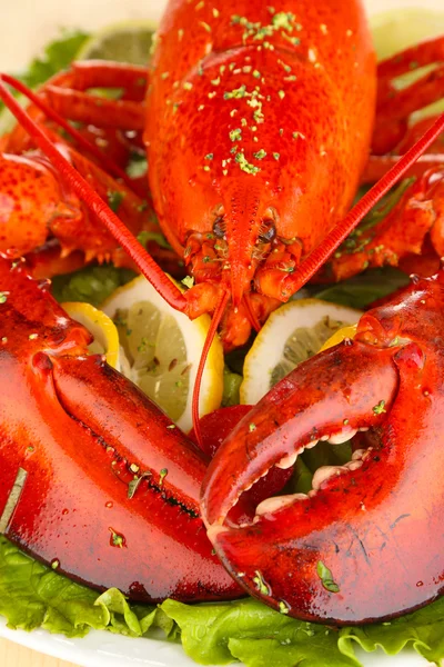 Red lobster on platter with vegetables on wooden table close-up — Stock Photo, Image