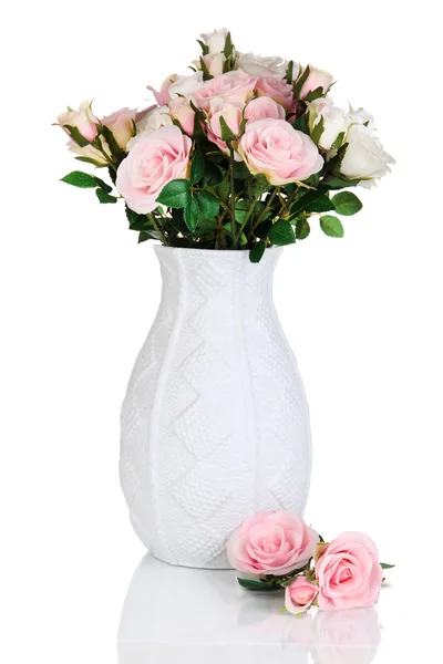 Beautiful pink and white roses in vase isolated on white — Stock Photo, Image