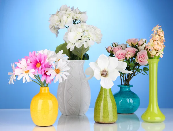 Schöne Blumen in Vasen auf blauem Hintergrund — Stockfoto