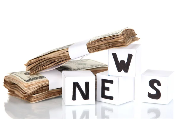 White paper cubes labeled "News" with money isolated on white — Stock Photo, Image