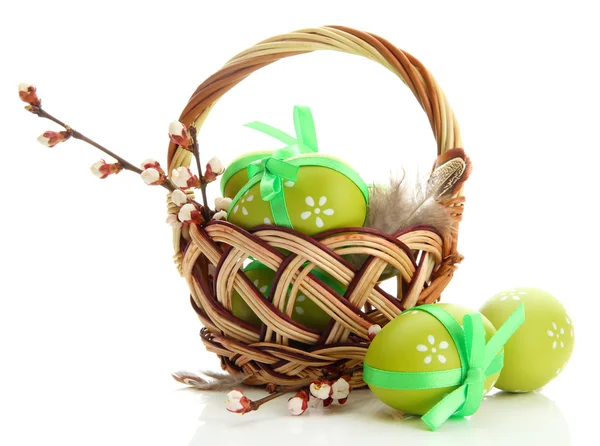 Hermosos huevos de Pascua y flor de albaricoque en cesta, aislado en blanco —  Fotos de Stock