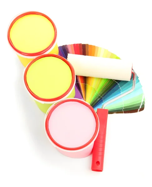 Conjunto para pintura: vasos de tinta, rolo de pintura, paleta de cores isoladas em branco — Fotografia de Stock