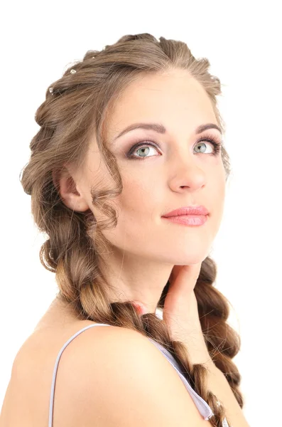 Młoda kobieta z piękną fryzurę, na białym tle — Zdjęcie stockowe