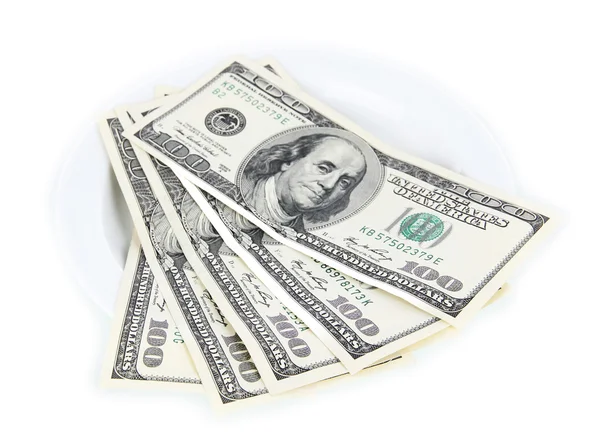 Money on plate isolated on white — Stock Photo, Image