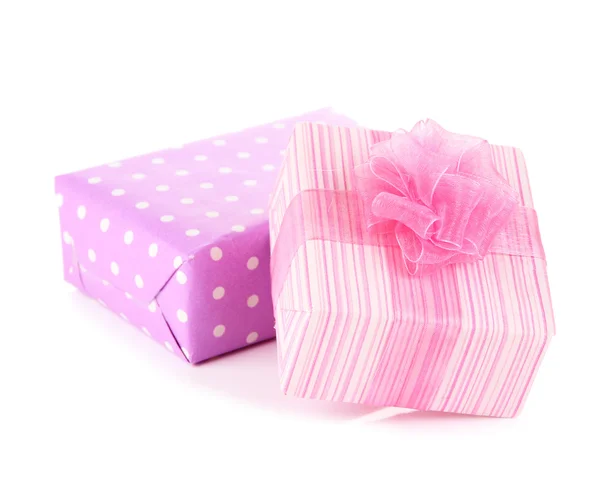 Bright gifts with bows isolated on white — Stock Photo, Image