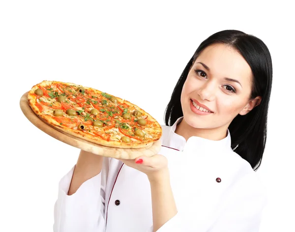 Hermosa chica jefe de cocina con pizza aislada en blanco — Foto de Stock