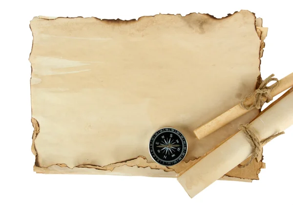 Old paper, scrolls and compass isolated on white — Stock Photo, Image