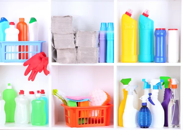 Shelves in pantry with cleaners for home close-up — Stock Photo, Image