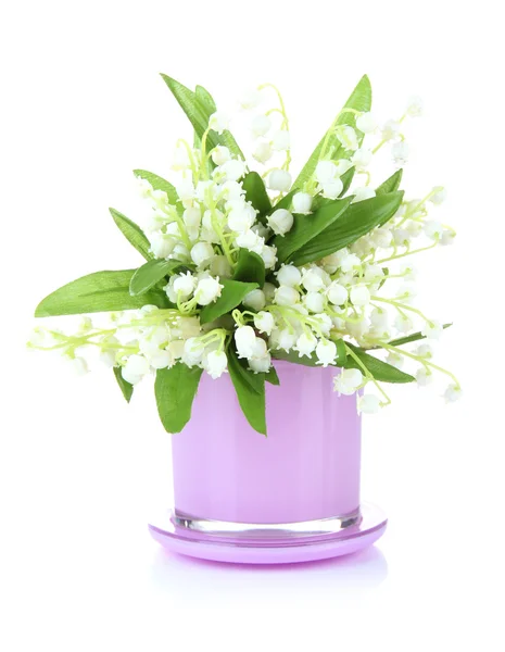 Beautiful lily of the valley in vase isolated on white — Stock Photo, Image