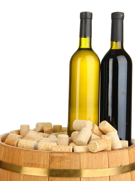 Wine and corks on barrel isolated on white — Stock Photo, Image