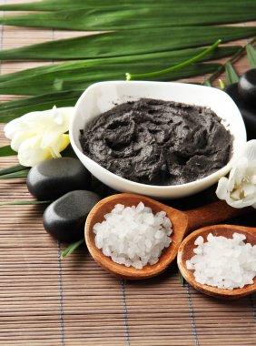 Bambu zemin üzerine spa uygulamaları için kozmetik kil ile kompozisyon