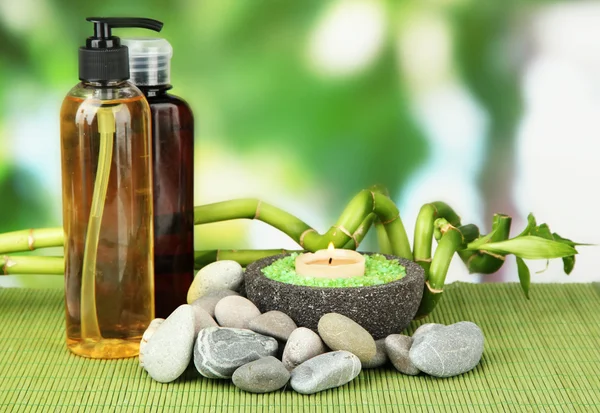 Still life with green bamboo plant and stones, on bamboo mat, on bright background