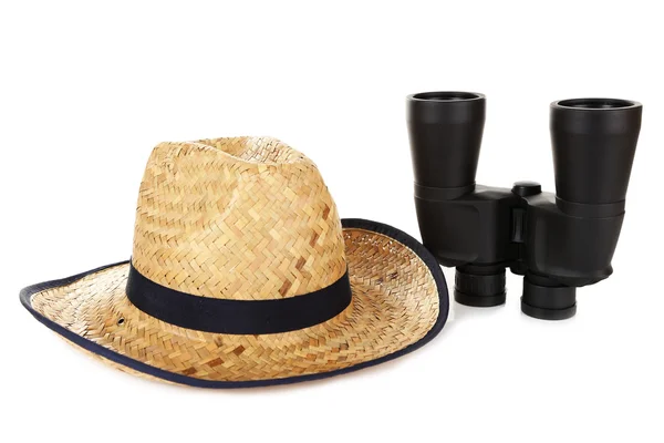 Black modern binoculars with straw hat isolated on white — Stock Photo, Image