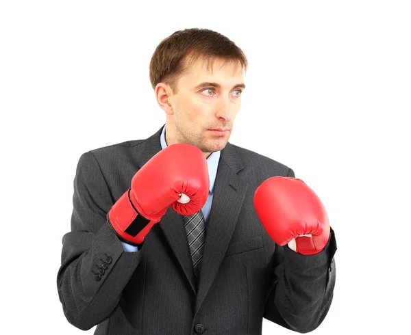 Homem de negócios em luvas de boxe isolado em branco — Fotografia de Stock