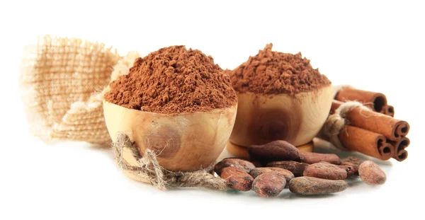 Cacao en polvo en cuencos de madera y especias, aislado en blanco — Foto de Stock