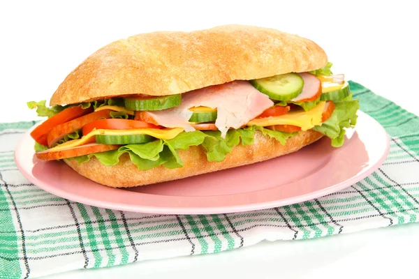 Fresh and tasty sandwich with ham and vegetables isolated on white — Stock Photo, Image