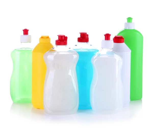Flasker med opvaskemiddel, isoleret på hvidt - Stock-foto