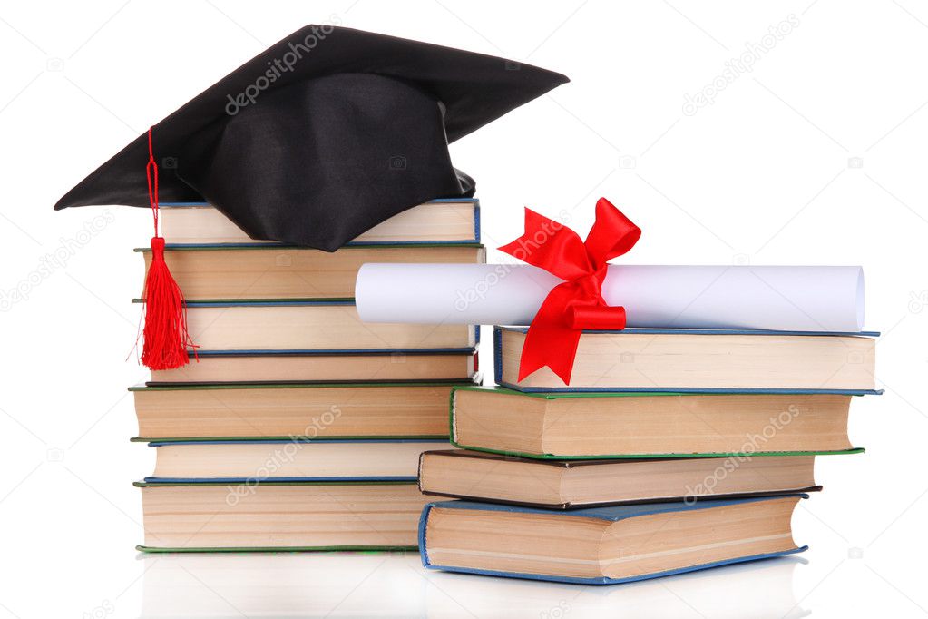 Grad hat with diploma and books