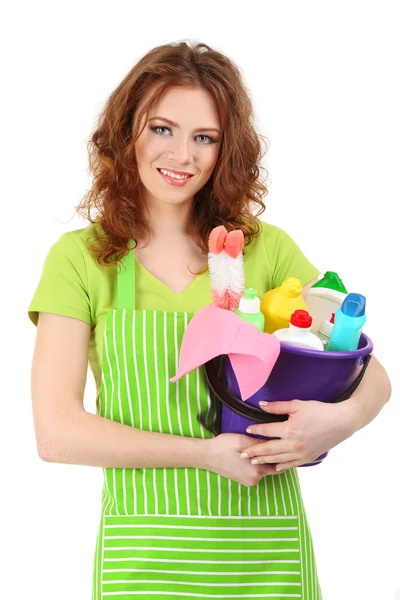 Female cleaner holding bucket with cleaning supplies — Stock Photo, Image