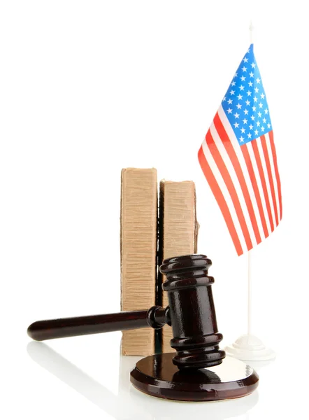 Wooden gavel, books and American flag isolated on white — Stock Photo, Image