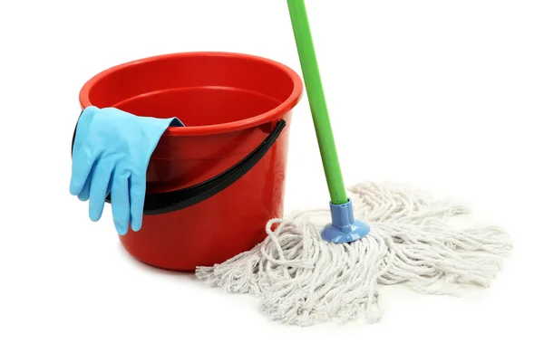 Mop, plastic bucket and rubber gloves, isolated on white — Stock Photo, Image