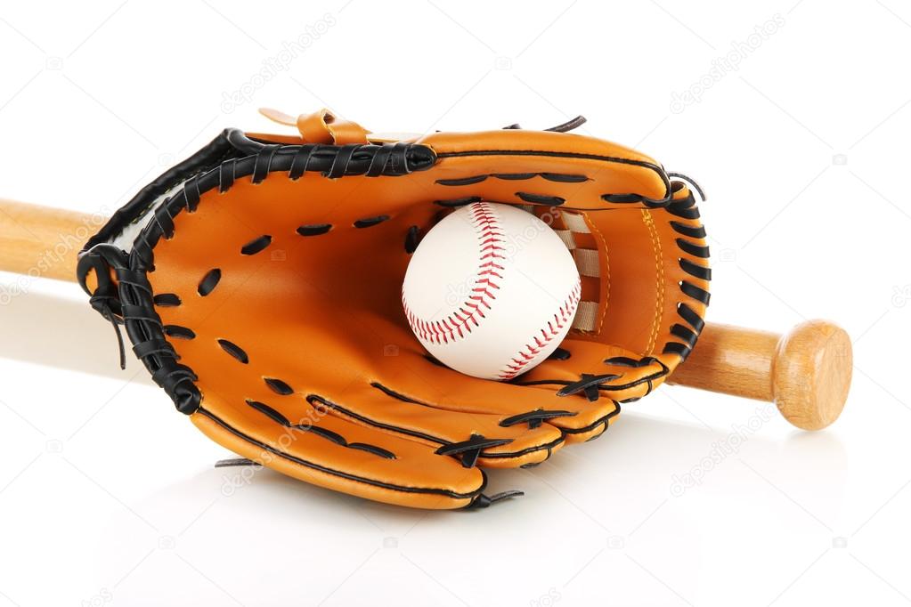 Baseball glove, bat and ball isolated on white Stock Photo by