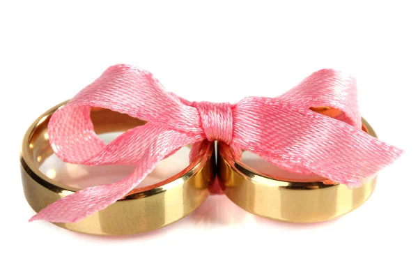 Wedding rings tied with ribbon isolated on white — Stock Photo, Image