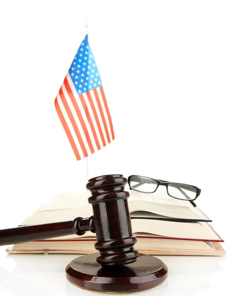 Wooden gavel, books and American flag isolated on white — Stock Photo, Image