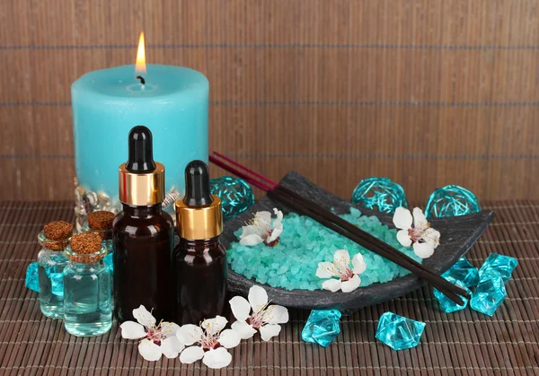 Spa composition with aroma oils on table close-up — Stock Photo, Image