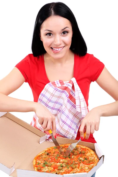 Menina bonita come pizza isolada em branco — Fotografia de Stock