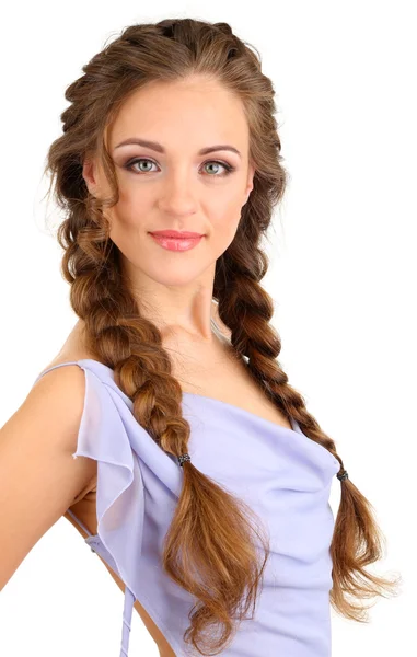 Jovem com penteado bonito, isolado em branco — Fotografia de Stock